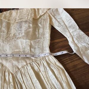 Vtg 70s Victorian style custom made cream embossed satin maxi dress gown Sz XS